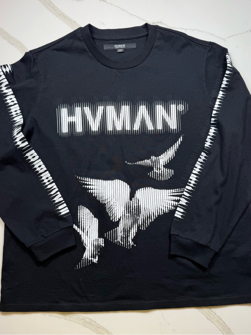Black Long-Sleeve Graphic Tee with White Bird Print